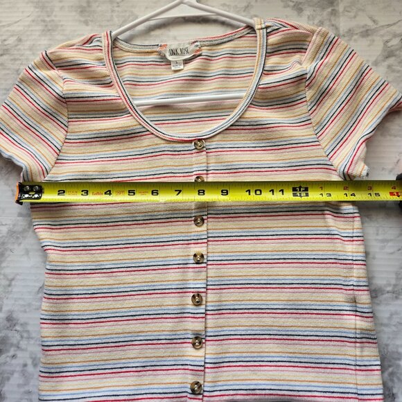 Pink Rose Striped Button-Front Ribbed Short Sleeve Knit Crop Top Size L  Multico - Picture 4 of 5
